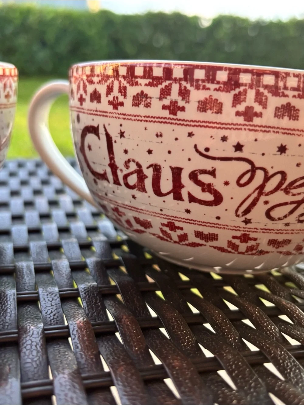 Pier 1 vintage Red and White 'Mrs. Claus' Holiday Ceramic Mugs set of 2